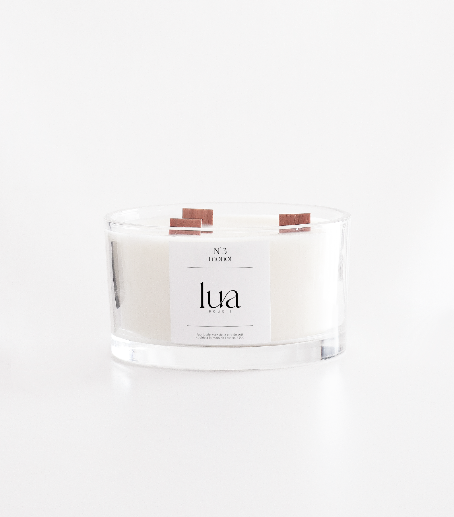 Bougie Lua personnalisables et rechargeables, parfums monoï, contenant transparent 450g. 