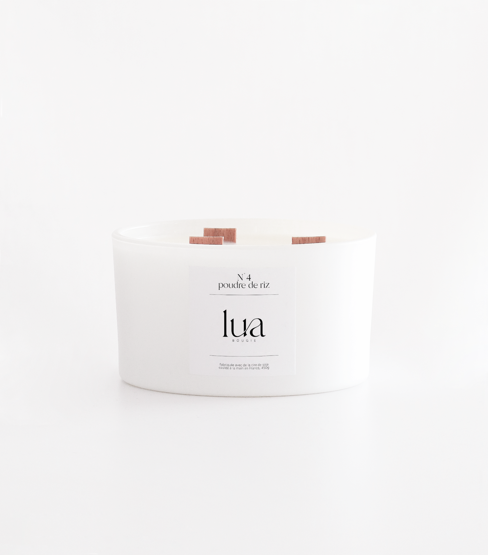 Bougie Lua parfumée et rechargeable, parfum poudre de riz, contenant blanc 450g. 