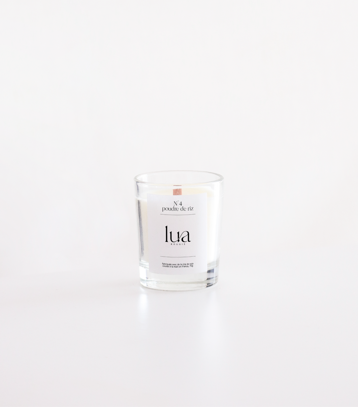 Bougie Lua parfumée et rechargeables, parfum poudre de riz, contenant transparent 75g. 