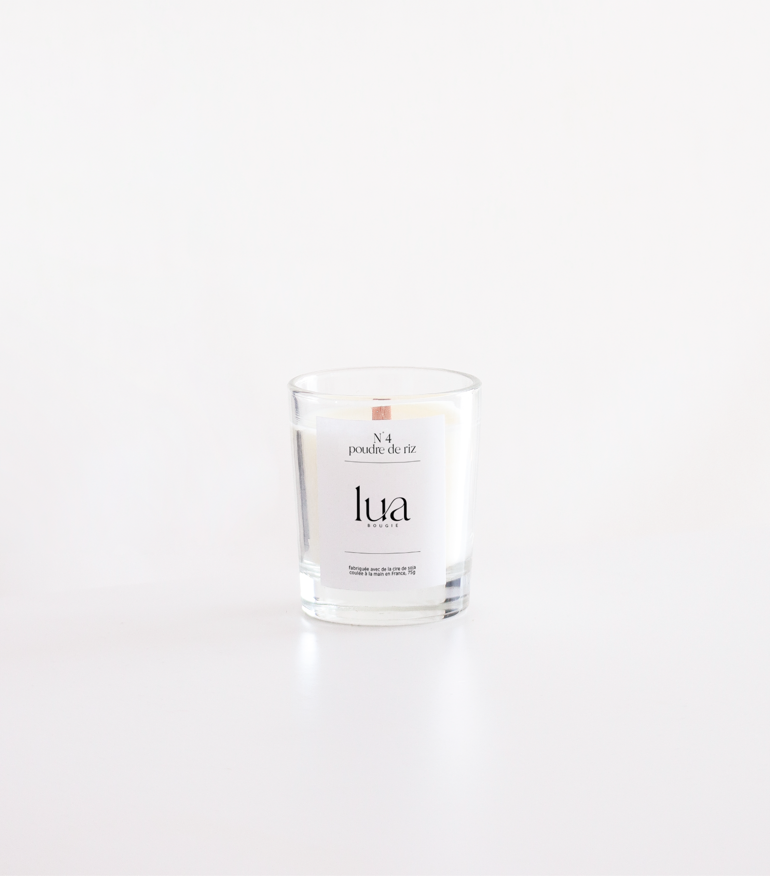 Bougie Lua parfumée et rechargeables, parfum poudre de riz, contenant transparent 75g. 