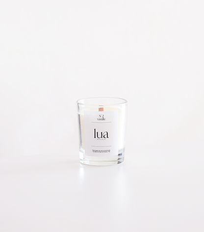 Bougie Lua parfumée et rechargeables, parfum vanille, contenant transparent, 75g. 
