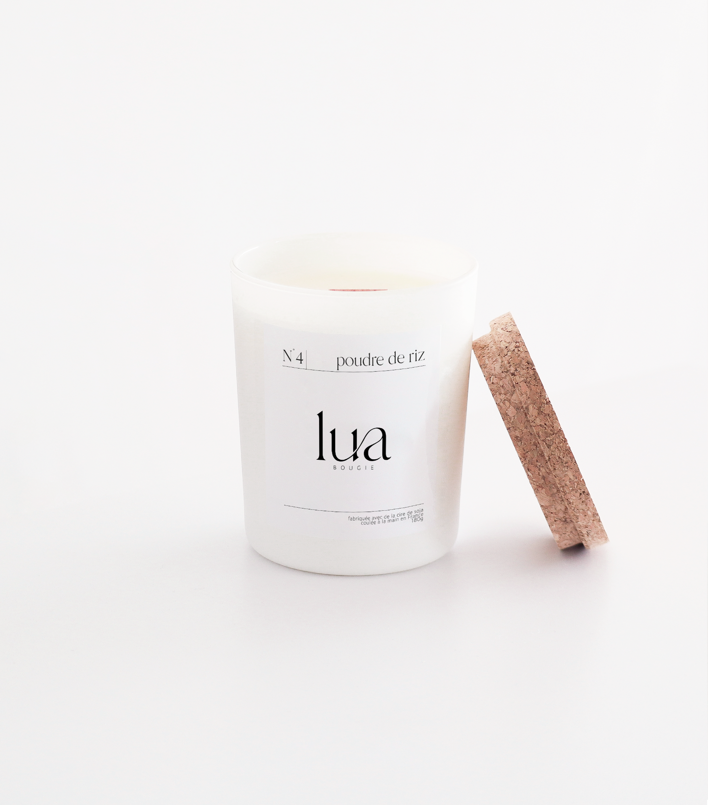 Bougie Lua parfumée et rechargeables, parfum poudre de riz, contenant blanc 180g. 
