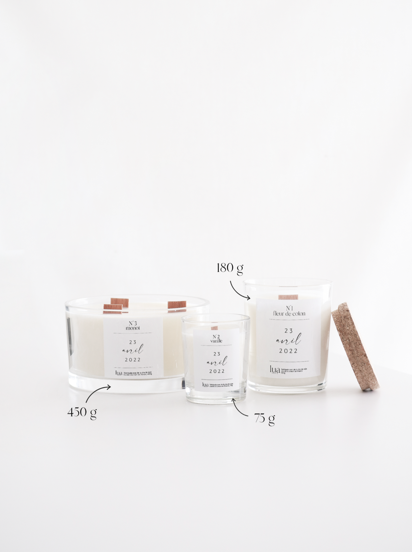 Bougie naturelle parfumée Lua Bougie, contenant transparent, parfum de Grasse. 