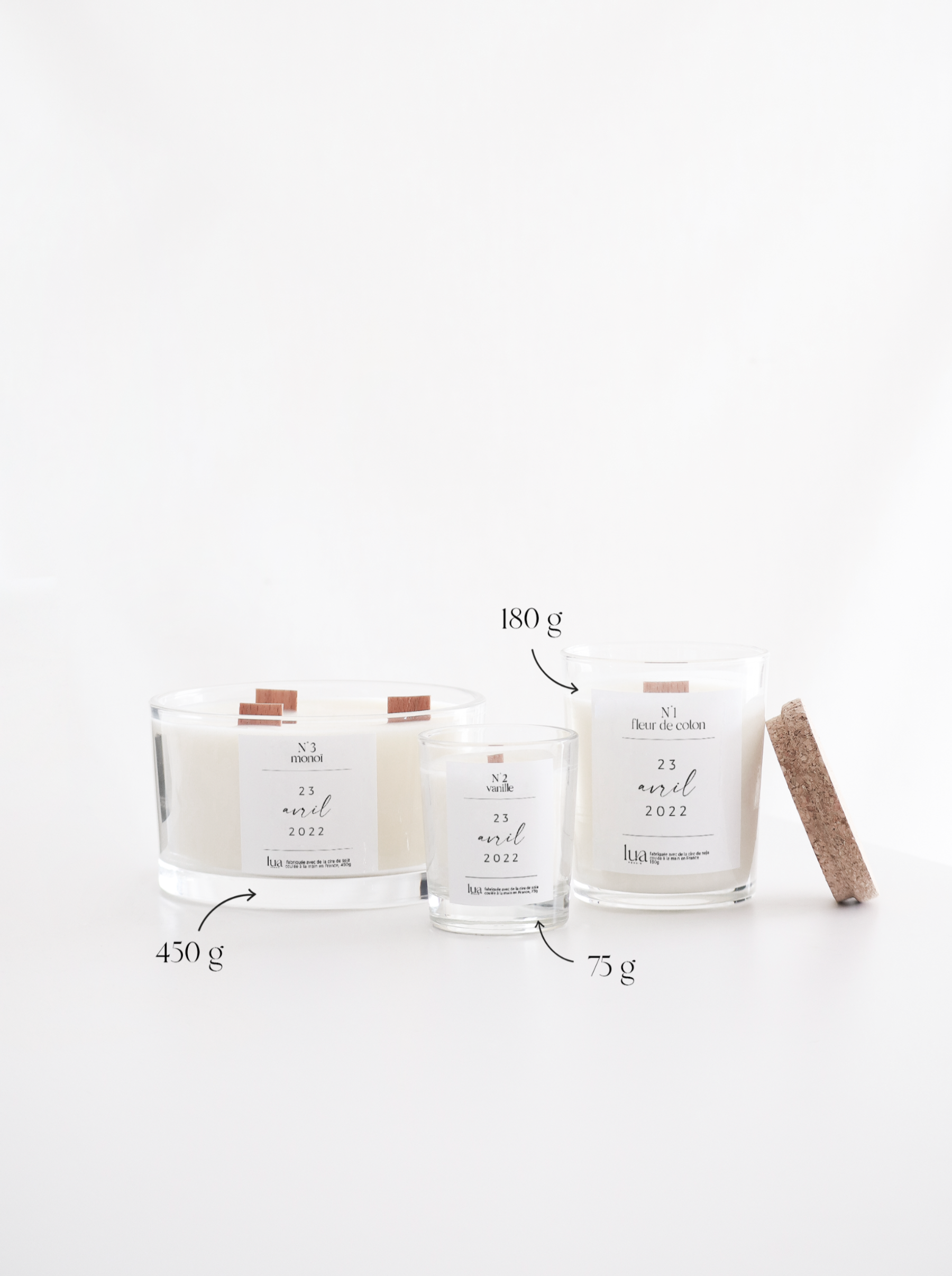 Bougie naturelle parfumée Lua Bougie, contenant transparent, parfum de Grasse. 