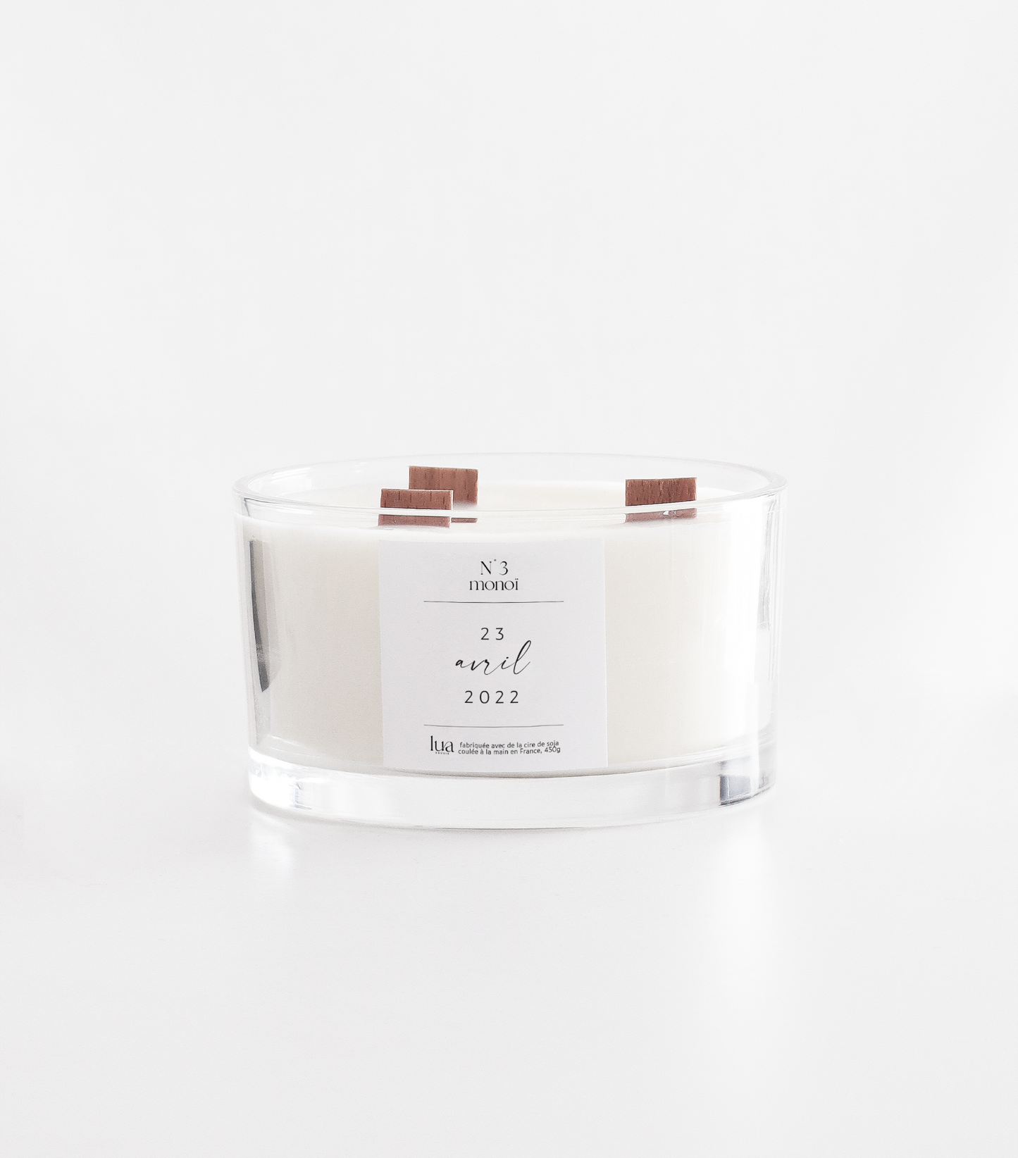 Bougie naturelle parfumée Lua Bougie, contenant transparent, parfum de Grasse. 