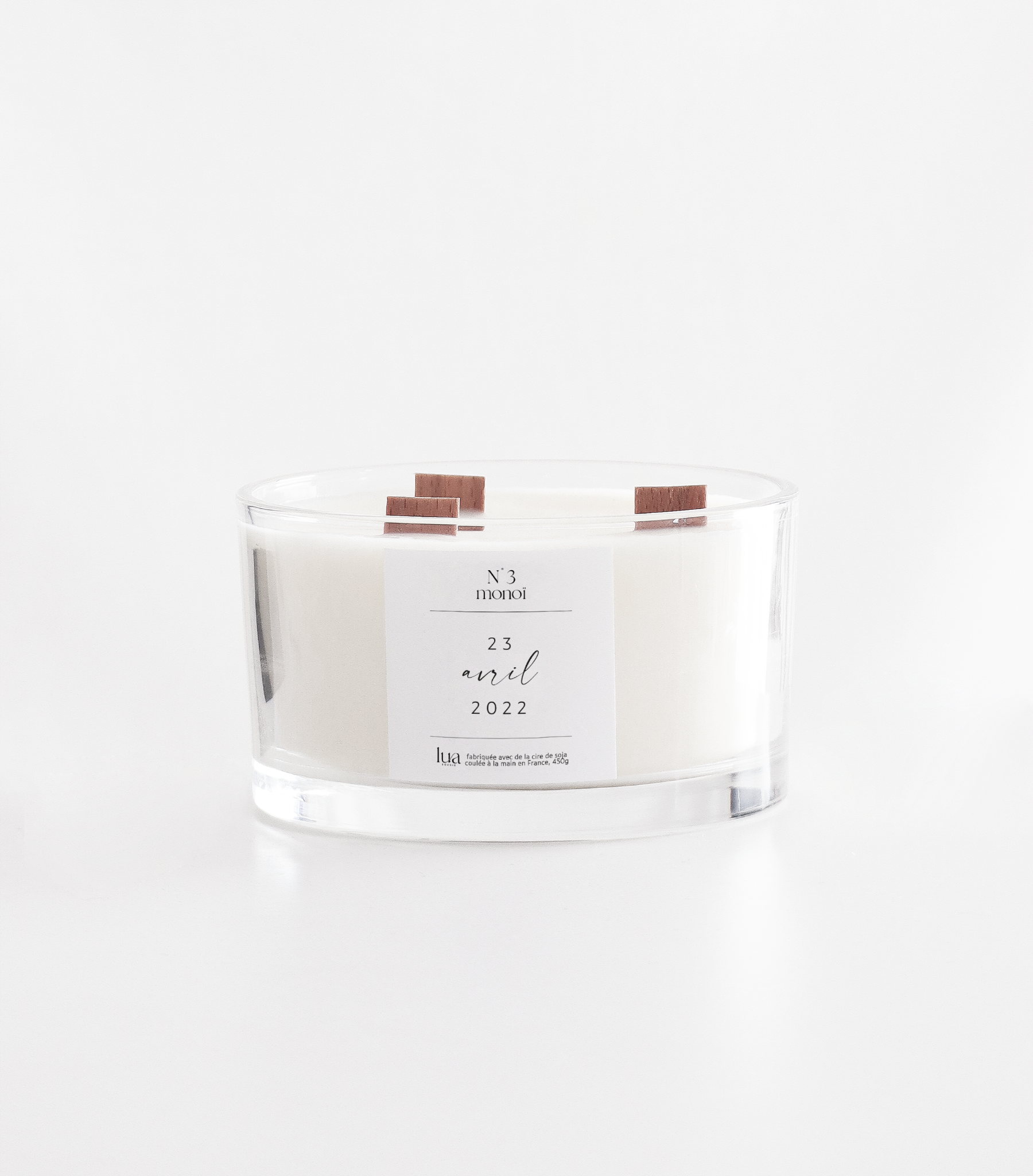 Bougie naturelle parfumée Lua Bougie, contenant transparent, parfum de Grasse. 