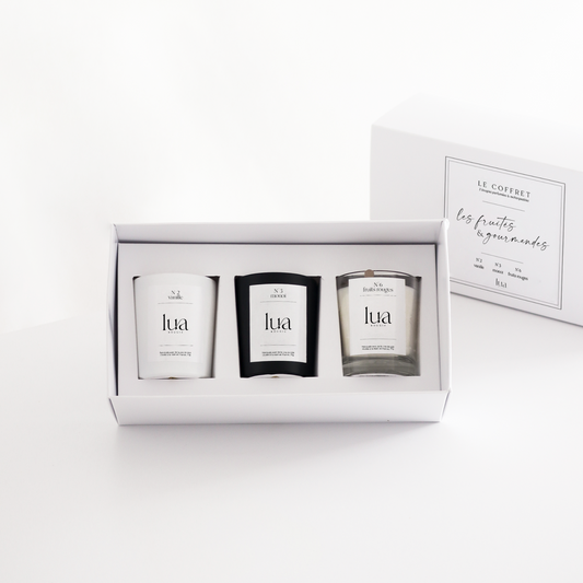 Coffret de Noël, 3 bougies 75g avec des parfums de Grasse, fruités et gourmands. 