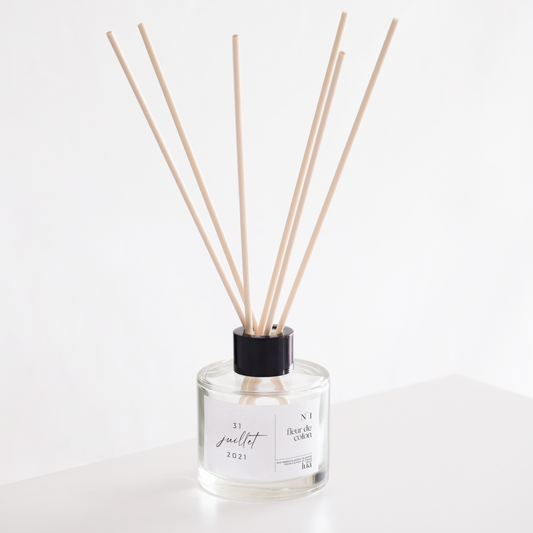 Diffuseur de parfum transparent, personnalisable à partir d'une date, parfum de Grasse, fleur de coton. 